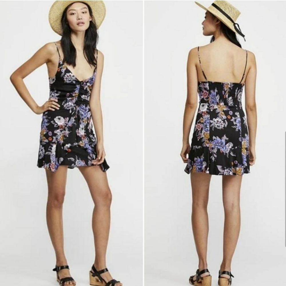 Free People Ruffled Happy Heart Ruched Floral Feminine Mini Dress Black Sz XS